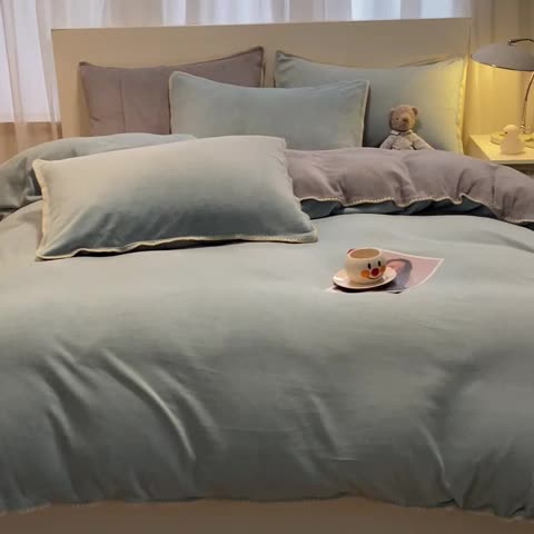 91家纺网 家纺一手货源 找家纺 眠帛家居 2022新款水洗棉贝壳绣边四件套 繁星蓝-灰