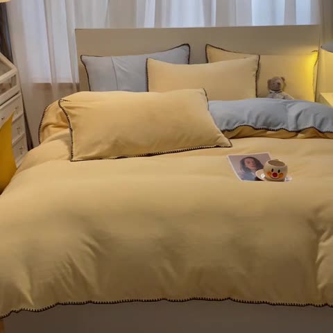 91家纺网 家纺一手货源 找家纺 眠帛家居 2022新款水洗棉贝壳绣边四件套 奶黄-天空蓝