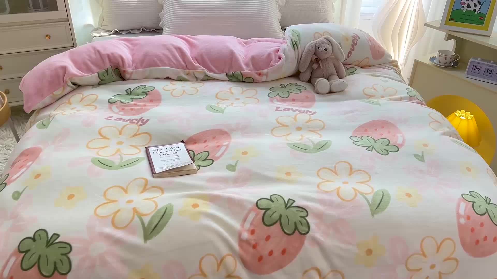 91家纺网 家纺一手货源 找家纺 慕尚 2022新款牛奶绒保暖单被套 大草莓