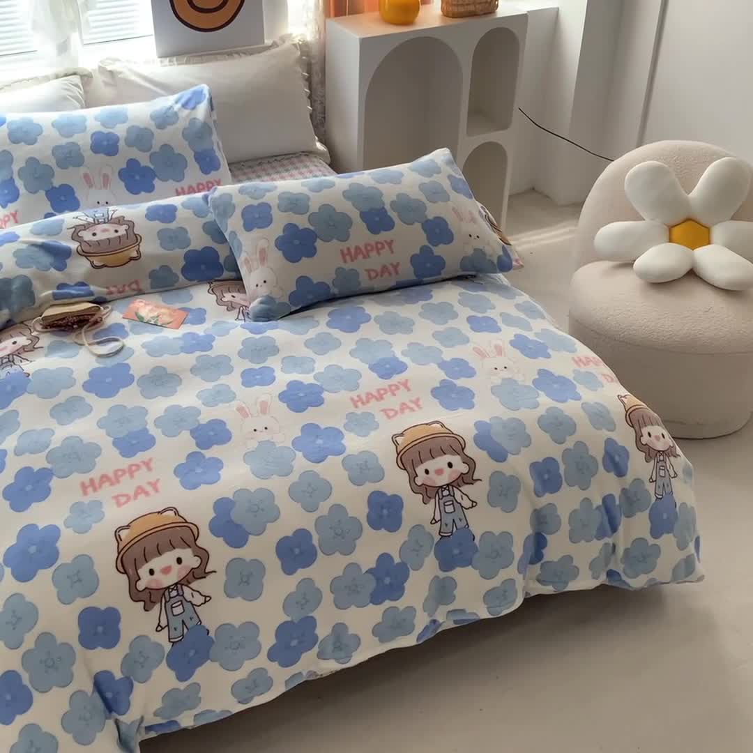 91家纺网 家纺一手货源 找家纺 怡家居 2022秋冬高克重牛奶绒印花四件套 野餐日