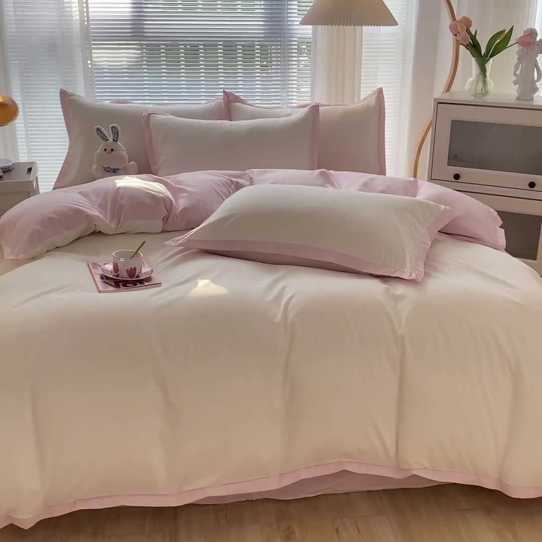 91家纺网 家纺一手货源 找家纺 雨帆家纺 2022新款ins亲肤磨毛双拼四件套 少女粉