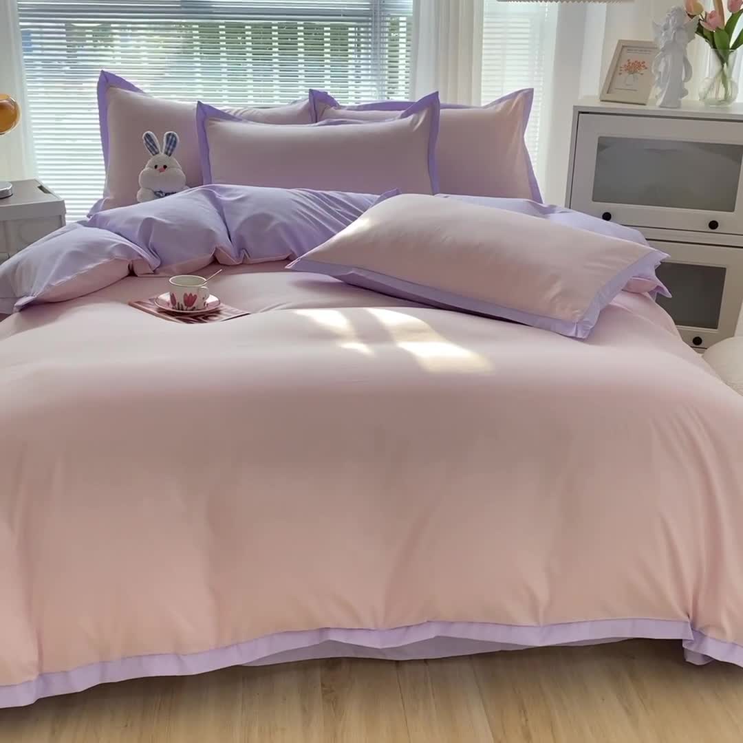 91家纺网 家纺一手货源 找家纺 雨帆家纺 2022新款ins亲肤磨毛双拼四件套 粉紫