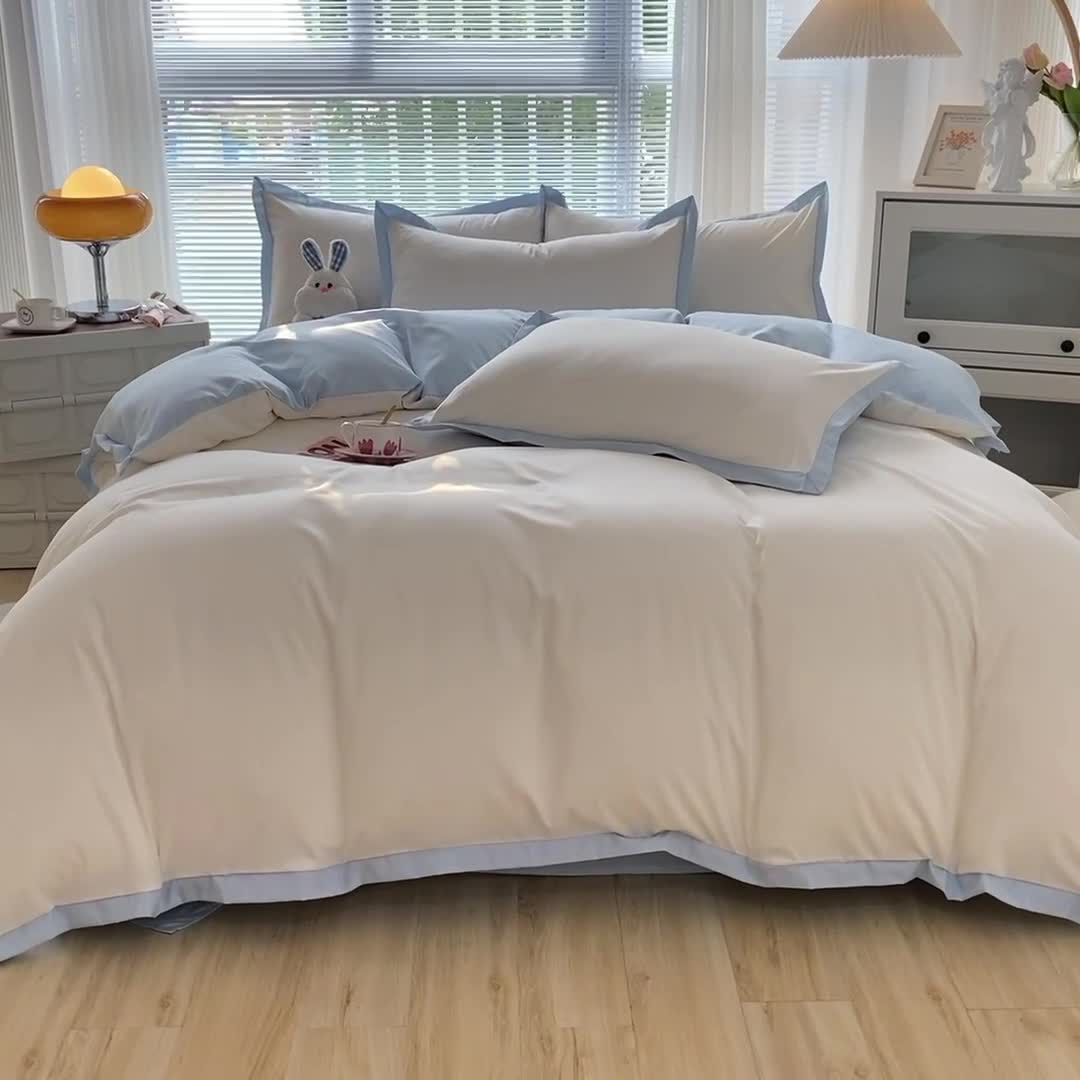 91家纺网 家纺一手货源 找家纺 雨帆家纺 2022新款ins亲肤磨毛双拼四件套 白蓝