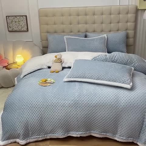 91家纺网 家纺一手货源 找家纺 艾米家居 2022秋冬新款豆豆绒+羊羔绒系列 蓝
