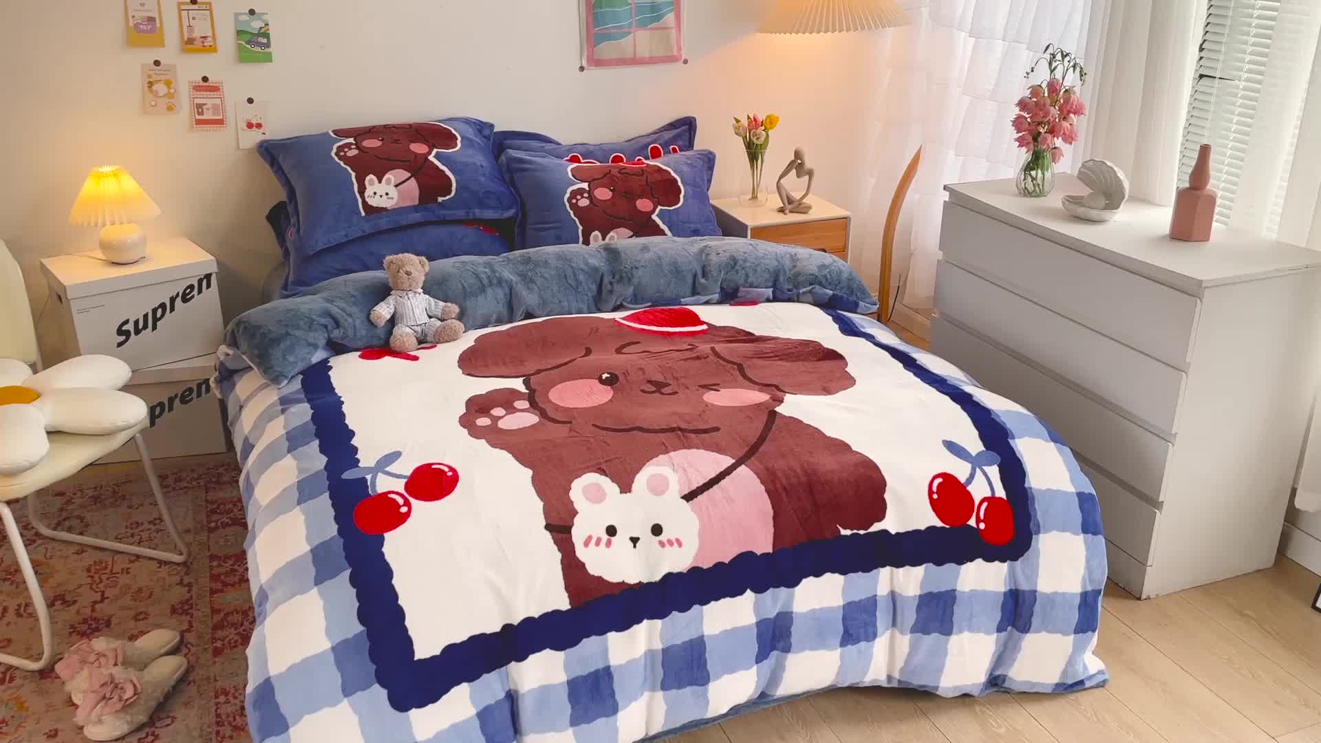 91家纺网 家纺一手货源 找家纺 寐居 2021新款大版数码印花牛奶绒四件套 快乐狗