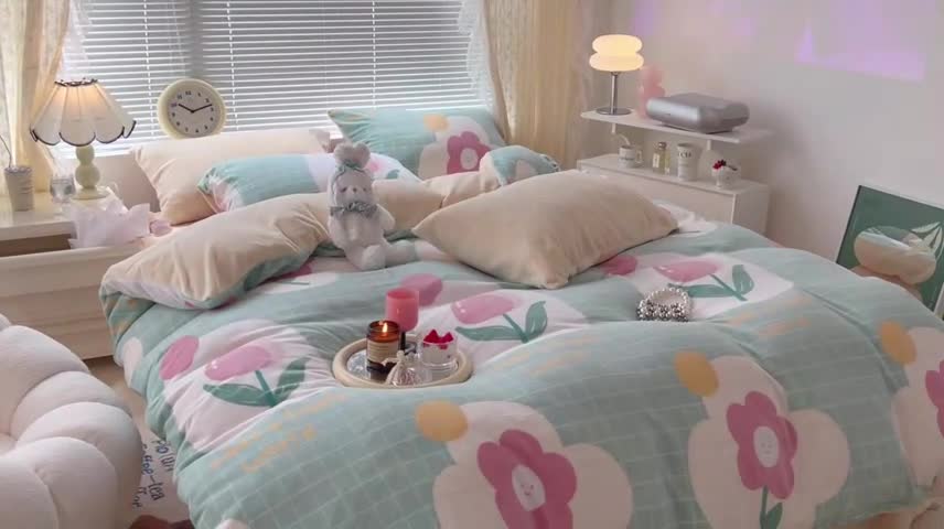 91家纺网 家纺一手货源 找家纺 昔可 2022新款牛奶绒四件套花朵系列 绿格郁金香