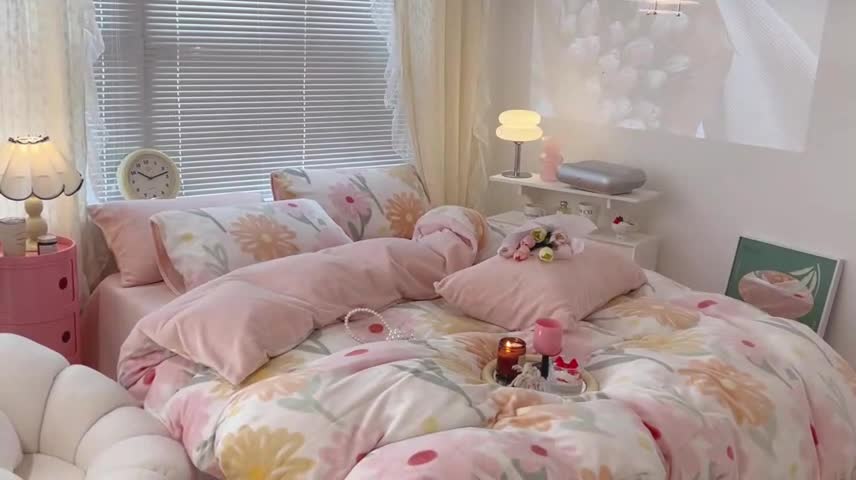 91家纺网 家纺一手货源 找家纺 昔可 2022新款牛奶绒四件套花朵系列 油画粉花