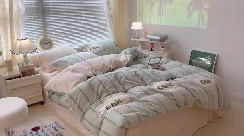 91家纺网 家纺一手货源 找家纺 昔可 2022新款牛奶绒简约系列四件套 chic条纹绿