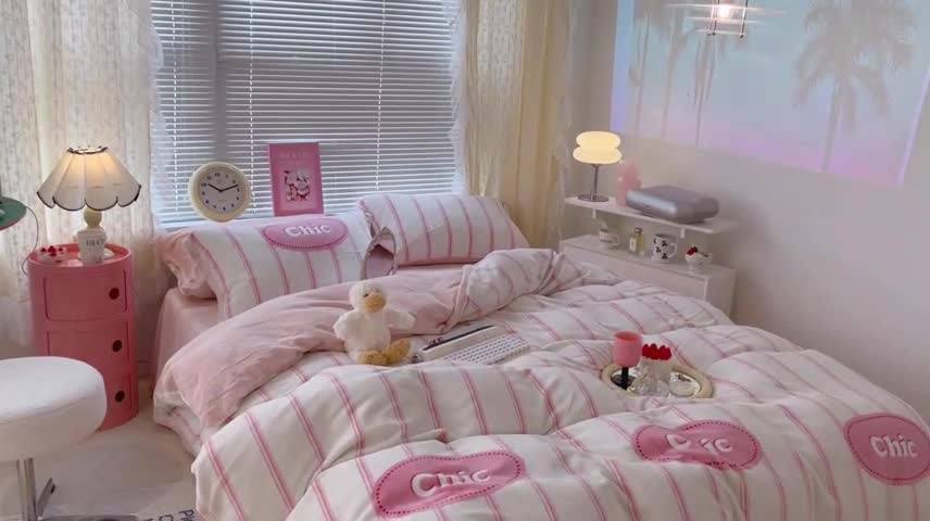 91家纺网 家纺一手货源 找家纺 昔可 2022新款牛奶绒简约系列四件套 chic条纹粉