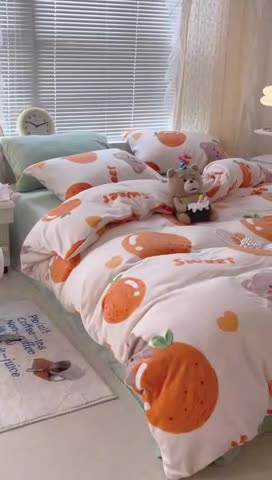 91家纺网 家纺一手货源 找家纺 昔可 2022新款牛奶绒卡通系列四件套 奶油橘