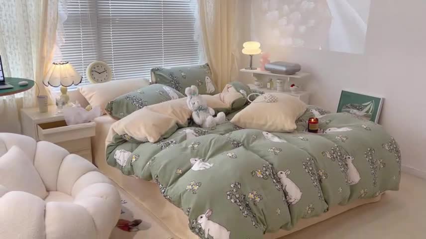 91家纺网 家纺一手货源 找家纺 昔可 2022新款牛奶绒卡通系列四件套 铃兰花花兔