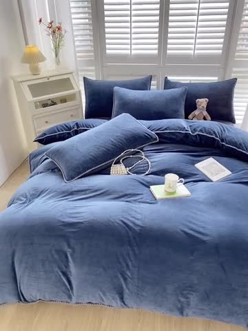 91家纺网 家纺一手货源 找家纺 啊雅家居 2025新款贝壳边宝宝绒四件套 贝壳藏青