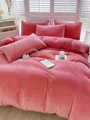 91家纺网 家纺一手货源 找家纺 啊雅家居 2025新款贝壳边宝宝绒四件套 贝壳玫红