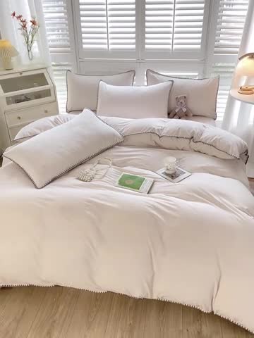 91家纺网 家纺一手货源 找家纺 啊雅家居 2025新款贝壳边宝宝绒四件套 贝壳乳白