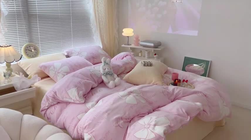 91家纺网 家纺一手货源 找家纺 昔可 2022新款牛奶绒少女小清新系列四件套 少女心事粉