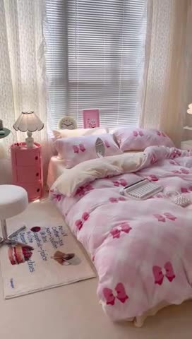 91家纺网 家纺一手货源 找家纺 昔可 2022新款牛奶绒少女小清新系列四件套 菱格蝴蝶结粉