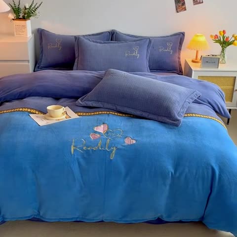 91家纺网 家纺一手货源 找家纺 （总）优姿家纺 2022新款牛奶绒8斤双拼色绣花保暖四件套