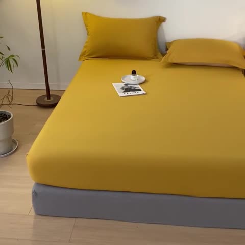 91家纺网 家纺一手货源 找家纺 秀色 秋冬60支纯色全棉磨毛床笠三件套纯棉加厚保护罩 落日黄
