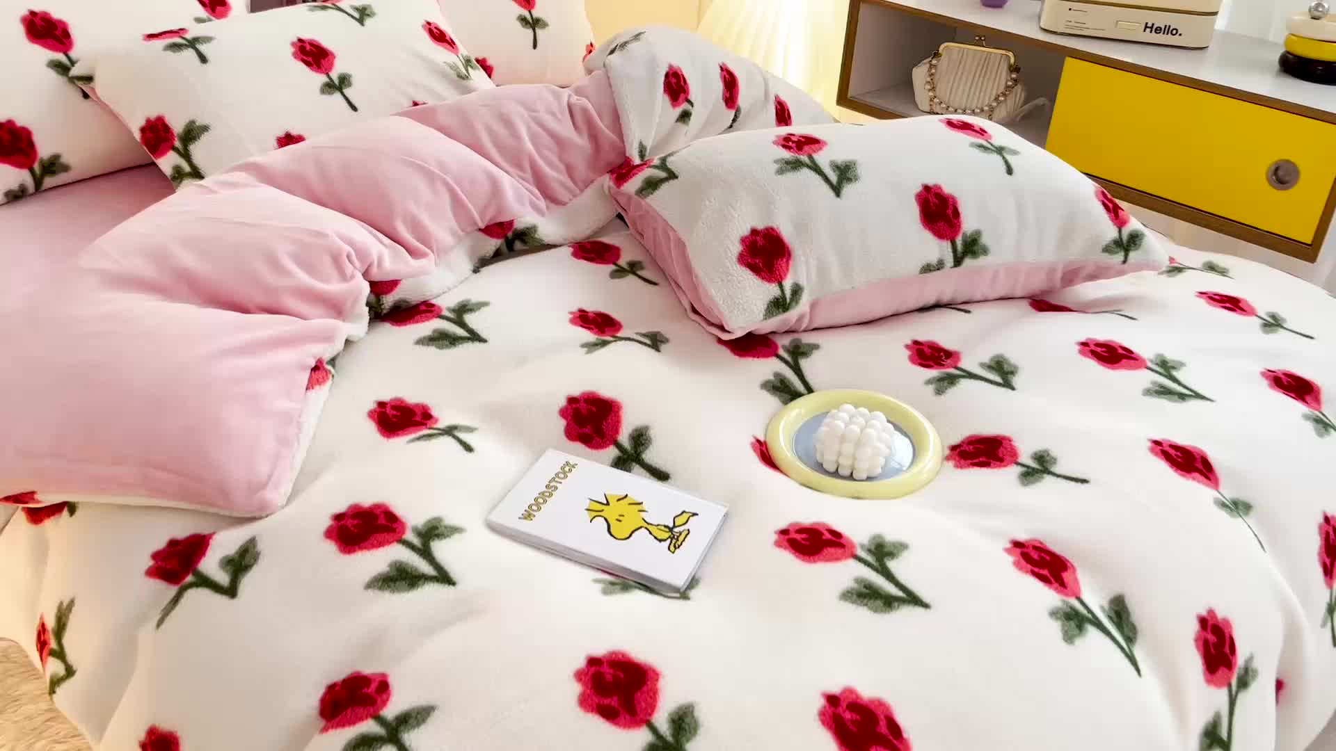 91家纺网 家纺一手货源 找家纺 澳梵 2022新款小颗粒美丽绒牛奶绒四件套 清晨玫瑰