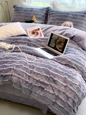 91家纺网 家纺一手货源 找家纺 HL原创 2022新款流苏牛奶绒四件套 牛仔蓝