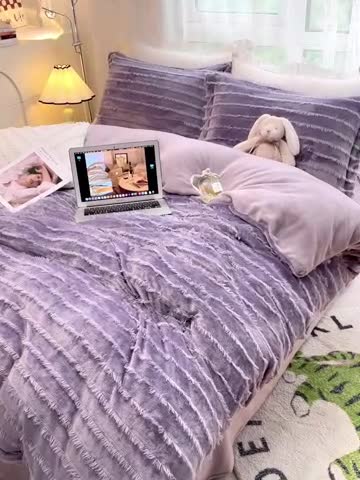 91家纺网 家纺一手货源 找家纺 HL原创 2022新款流苏牛奶绒四件套 紫