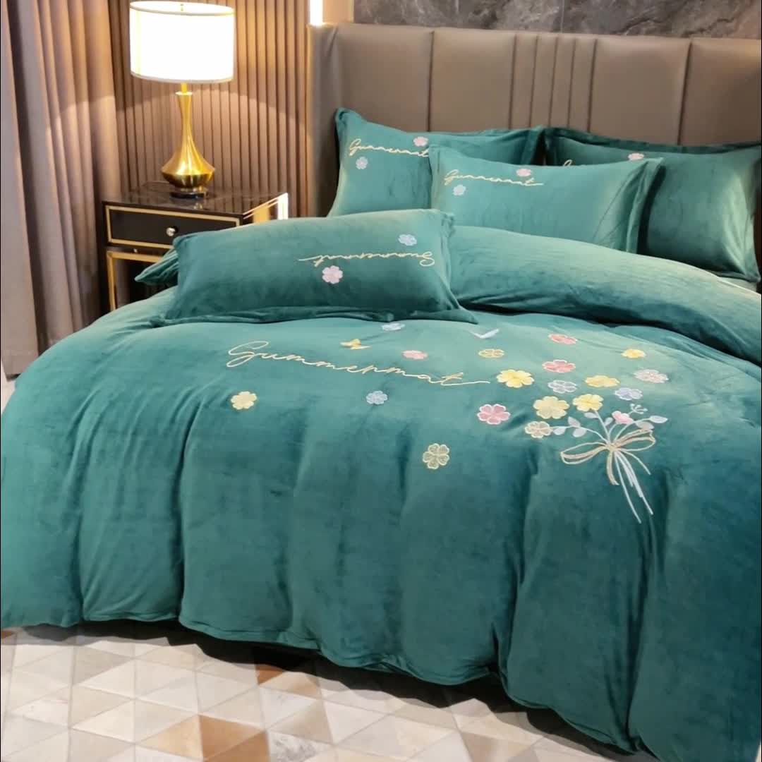 91家纺网 家纺一手货源 找家纺 金米诺 直播供货纯色水晶牛奶绒四件套小清新床裙式  花之境 花之境-墨绿