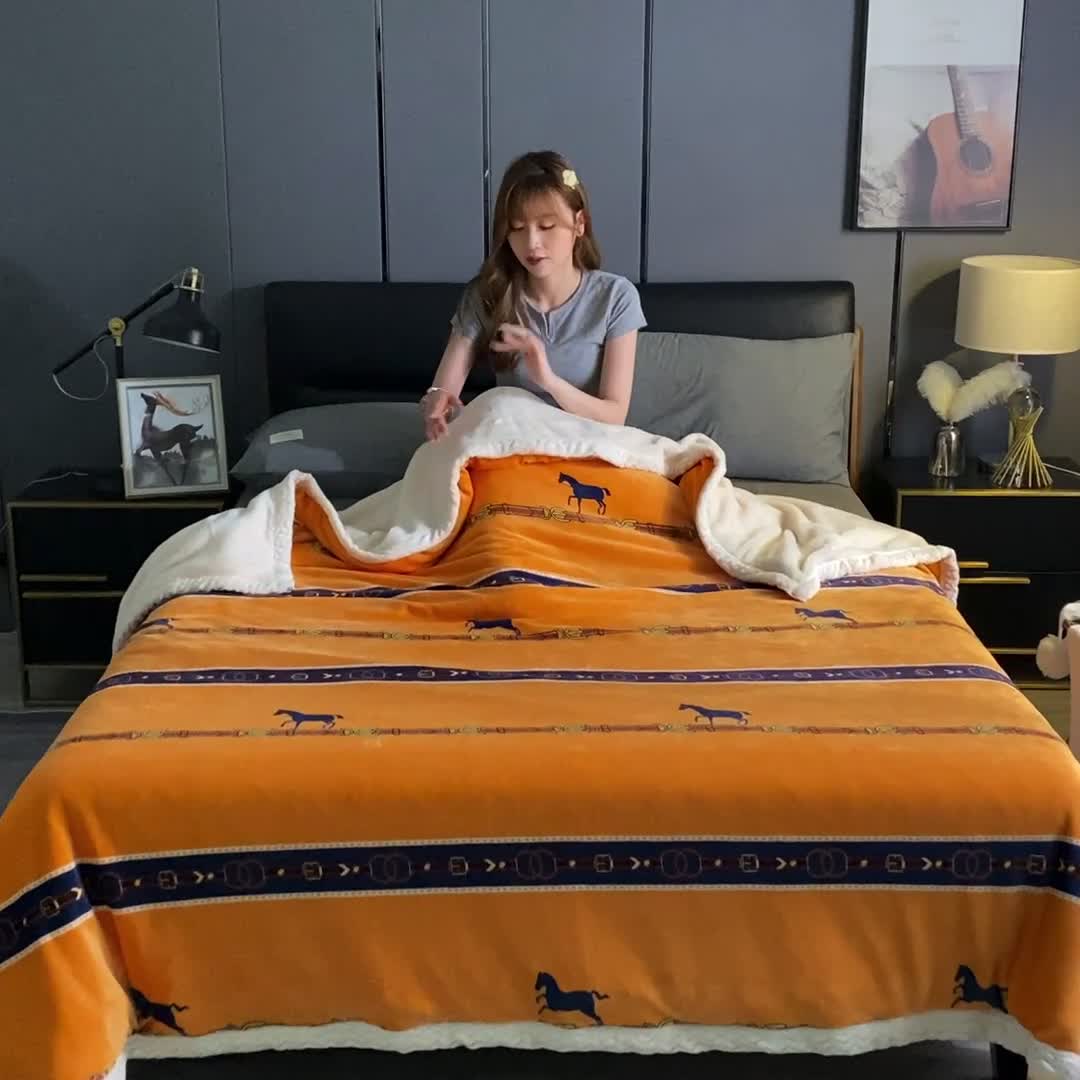 91家纺网 家纺一手货源 找家纺 迷仙巢 2022新款牛奶绒拼北极绒盖毯 马到成功