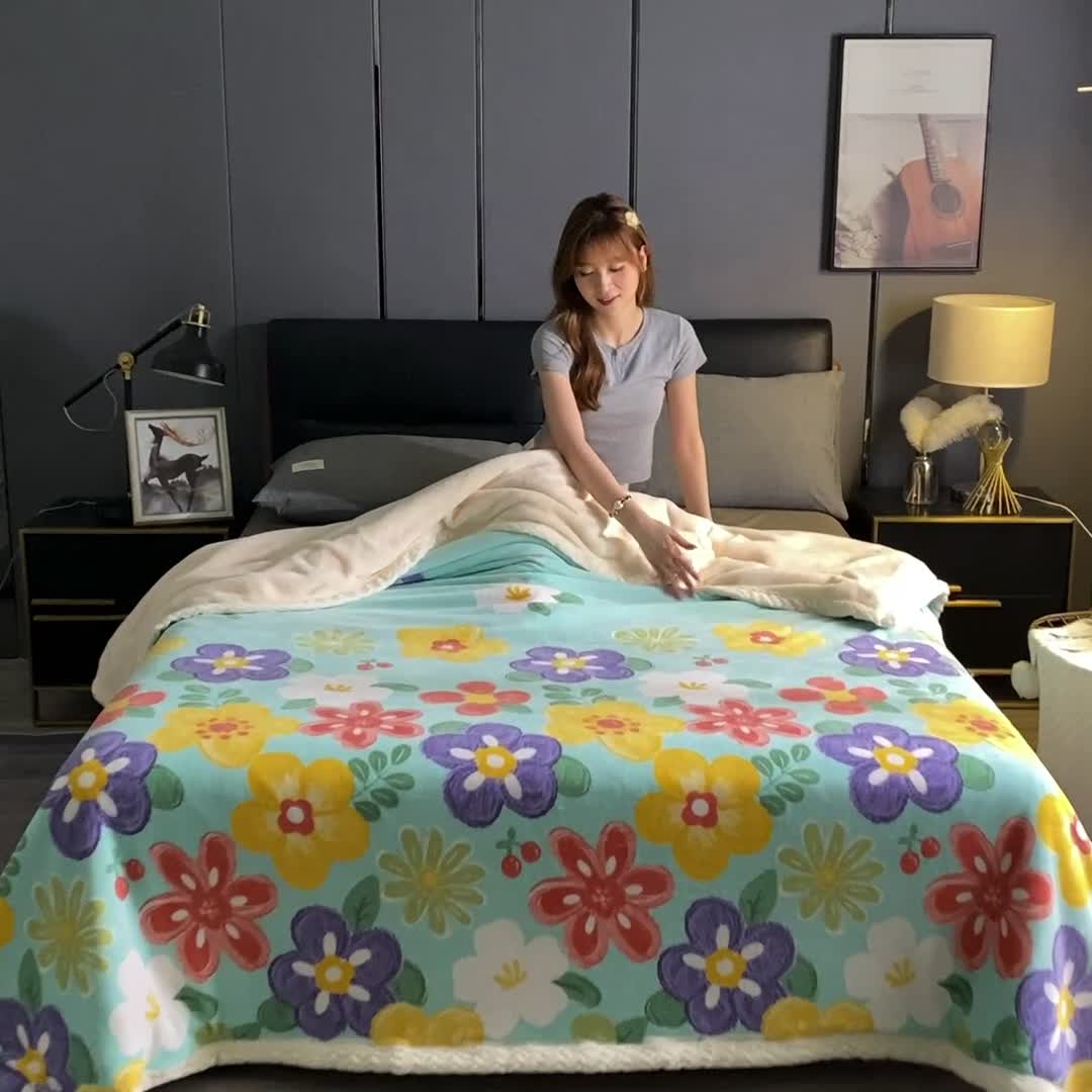 91家纺网 家纺一手货源 找家纺 迷仙巢 2022新款牛奶绒拼北极绒盖毯 向阳花开