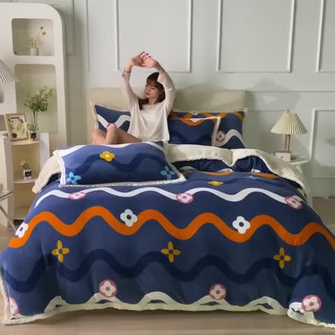 91家纺网 家纺一手货源 找家纺 迷仙巢 2022新款牛奶绒拼北极绒贝贝绒包边四件套 心动