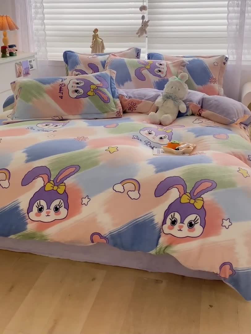 91家纺网 家纺一手货源 找家纺 上尚居 2022新款加厚保暖牛奶绒四件套 兔精灵