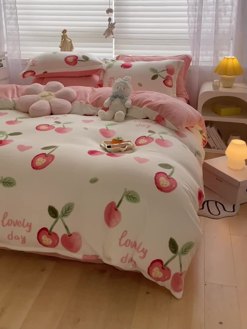 91家纺网 家纺一手货源 找家纺 上尚居 2022新款加厚保暖牛奶绒四件套 美味樱桃-米