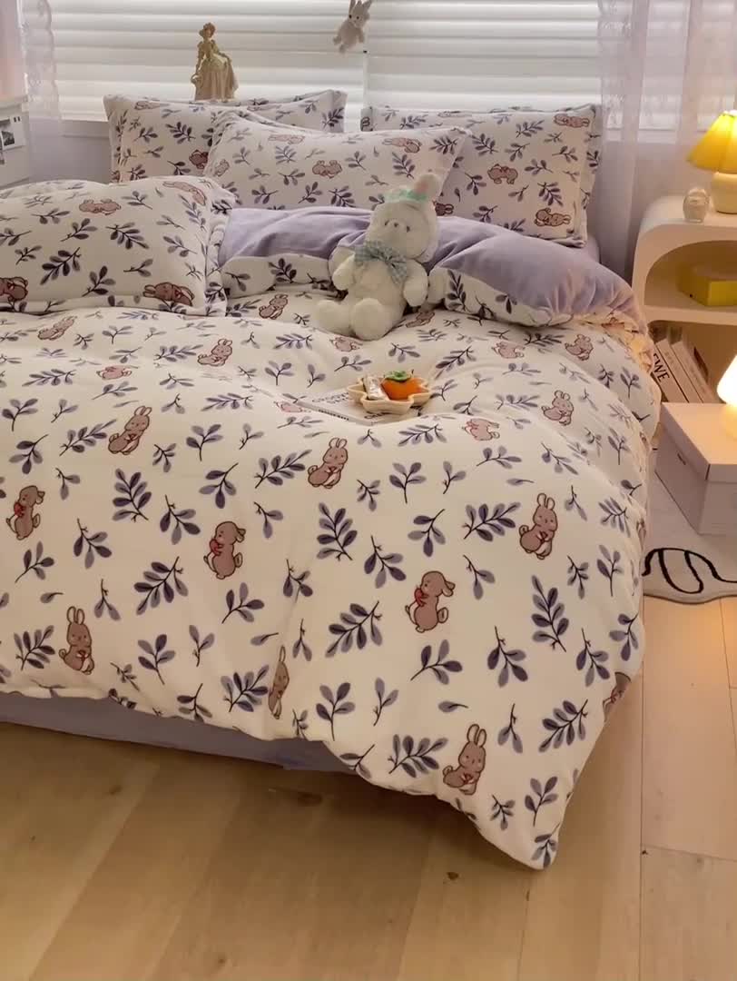 91家纺网 家纺一手货源 找家纺 上尚居 2022新款加厚保暖牛奶绒四件套 可爱兔