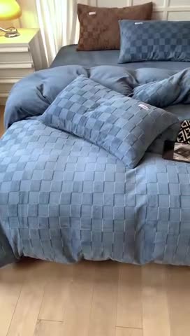 91家纺网 家纺一手货源 找家纺 洋铭区 2022新款复古棋盘格四件套 复古棋盘格-蓝