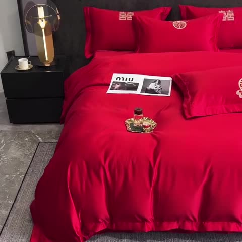 91家纺网 家纺一手货源 找家纺 优悦 2022新款超柔亲肤磨毛刺绣款婚庆四件套 挚爱一生