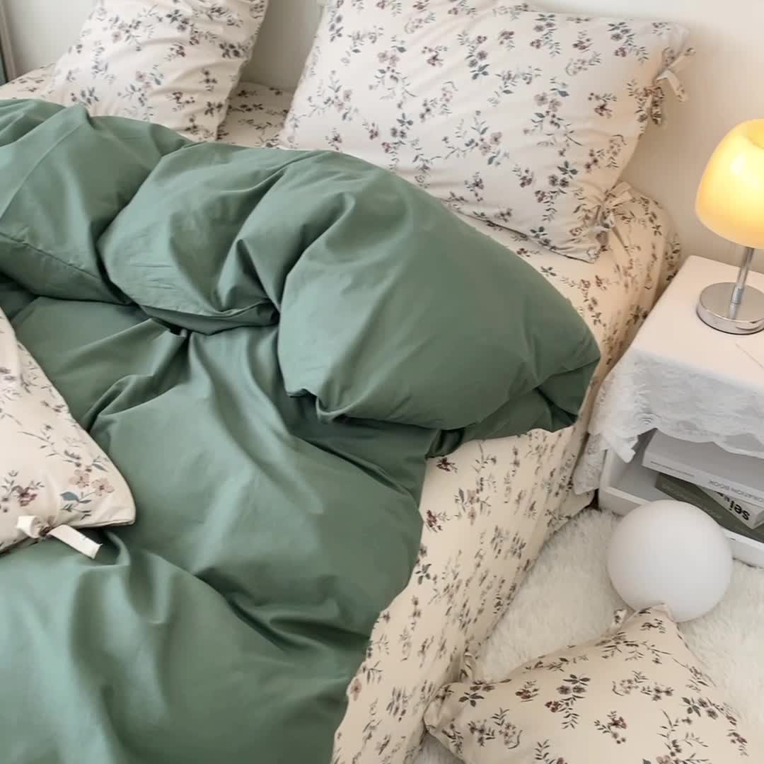 91家纺网 家纺一手货源 找家纺 一米阳光 新款蝴蝶结色织水洗棉小碎花撞色四件套-情怀系列 典雅绿