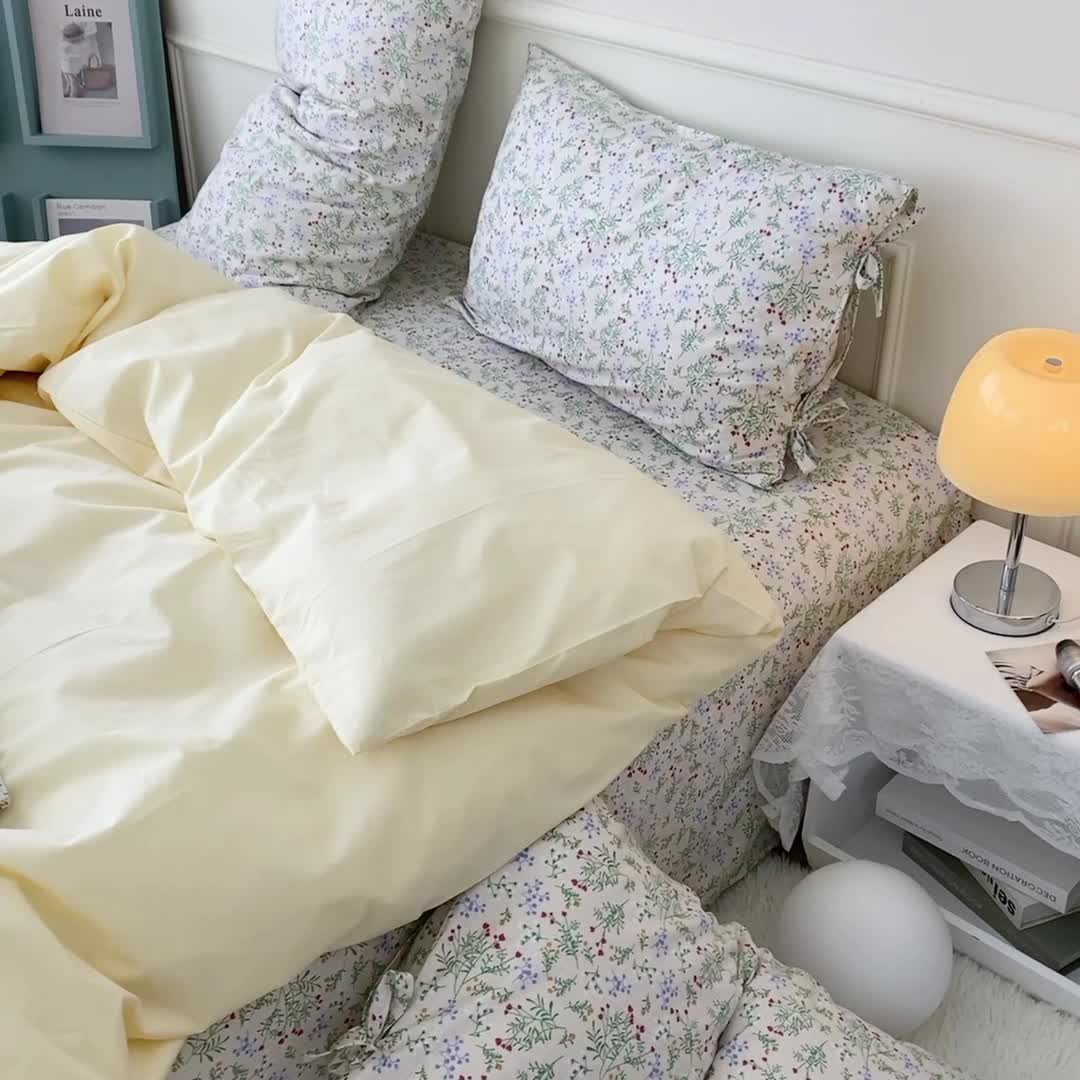 91家纺网 家纺一手货源 找家纺 一米阳光 新款蝴蝶结色织水洗棉小碎花撞色四件套-情怀系列 淡奶油