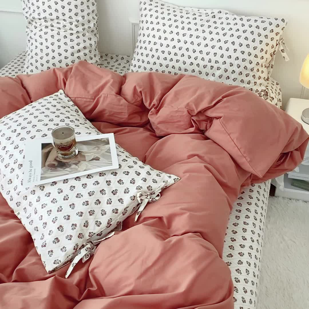 91家纺网 家纺一手货源 找家纺 一米阳光 新款蝴蝶结色织水洗棉小碎花撞色四件套-情怀系列 爱马仕橙