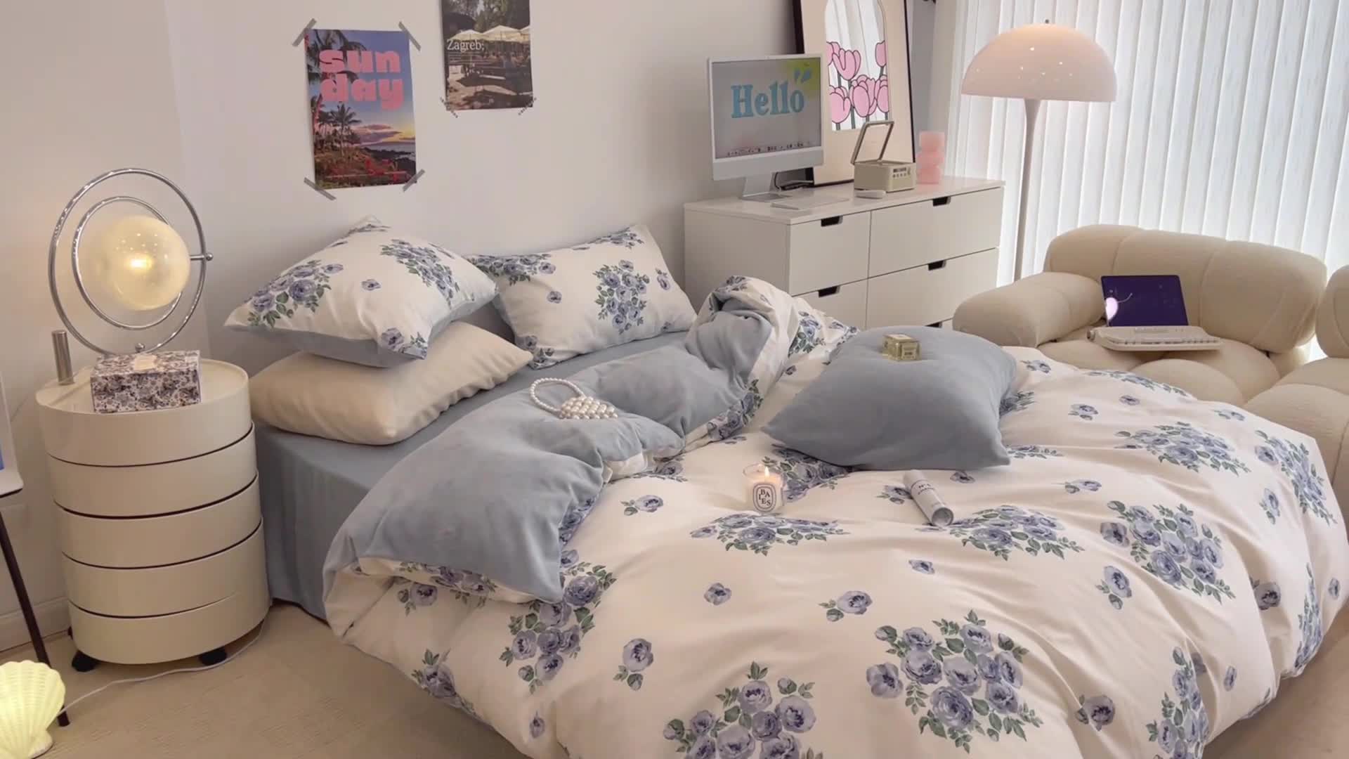 91家纺网 家纺一手货源 找家纺 昔可 2022新款梦幻公主风系列棉加绒印花四件套 法式蓝玫瑰