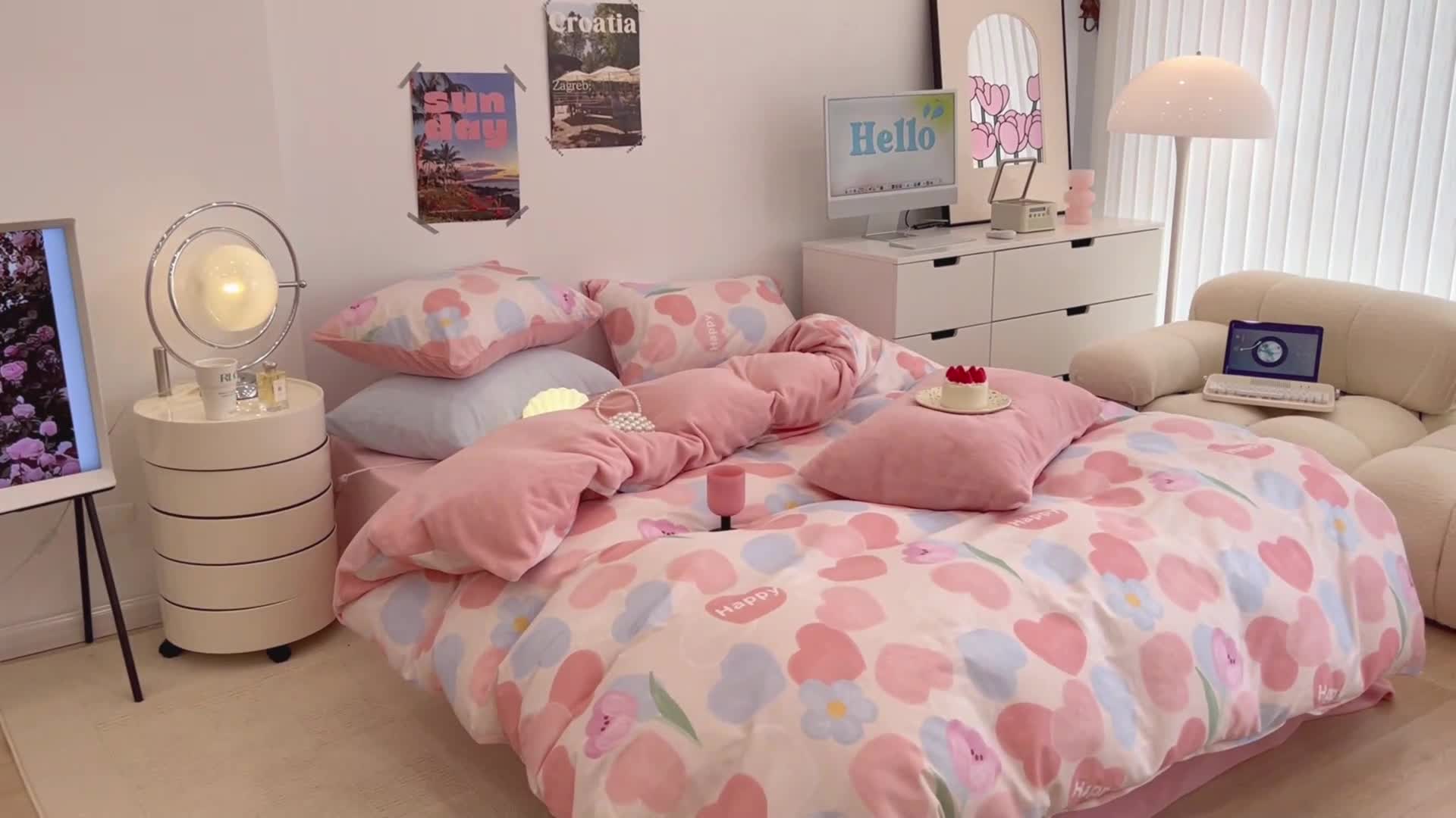 91家纺网 家纺一手货源 找家纺 昔可 2022新款梦幻公主风系列棉加绒印花四件套 粉粉桃心