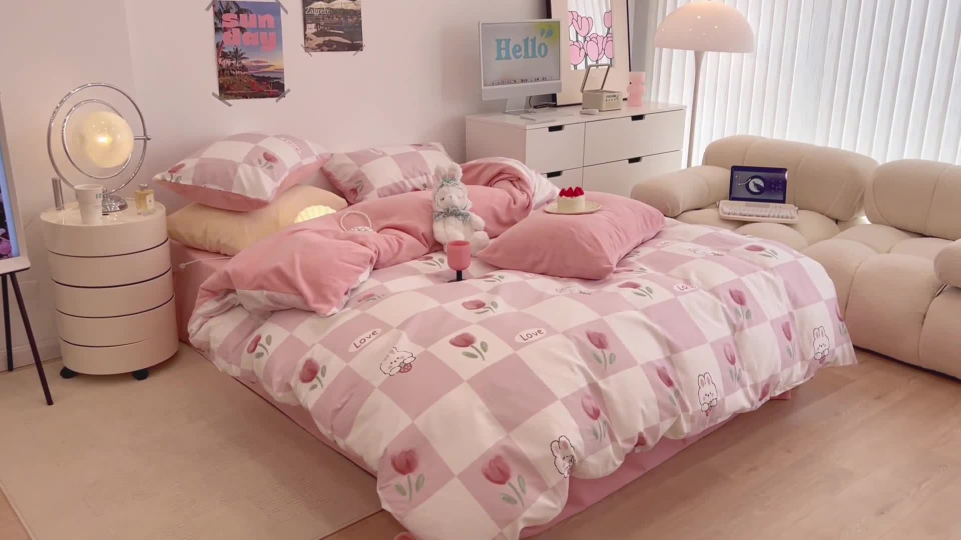 91家纺网 家纺一手货源 找家纺 昔可 2022新款梦幻公主风系列棉加绒印花四件套 粉格兔