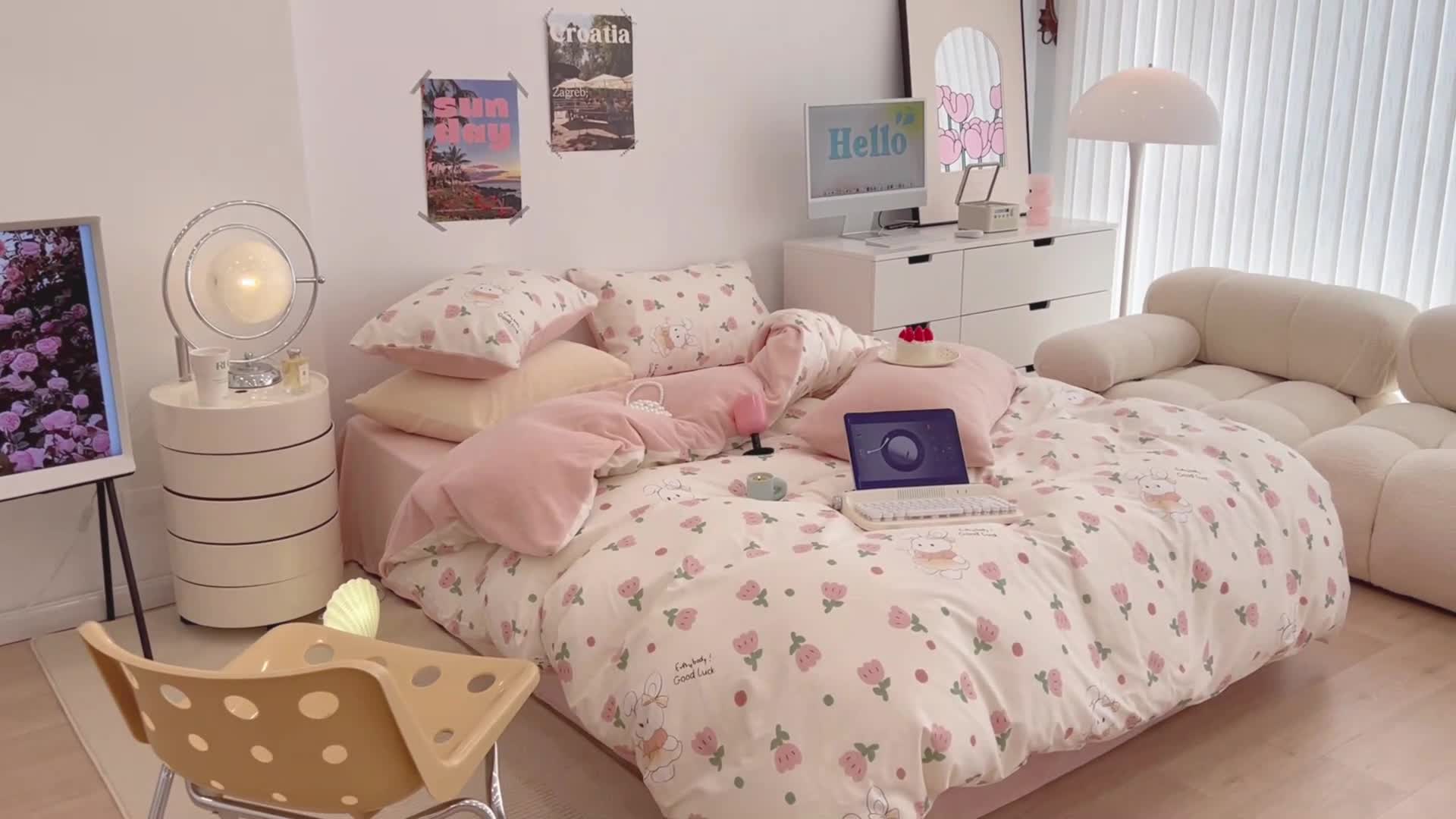 91家纺网 家纺一手货源 找家纺 昔可 2022新款梦幻公主风系列棉加绒印花四件套 粉郁金兔