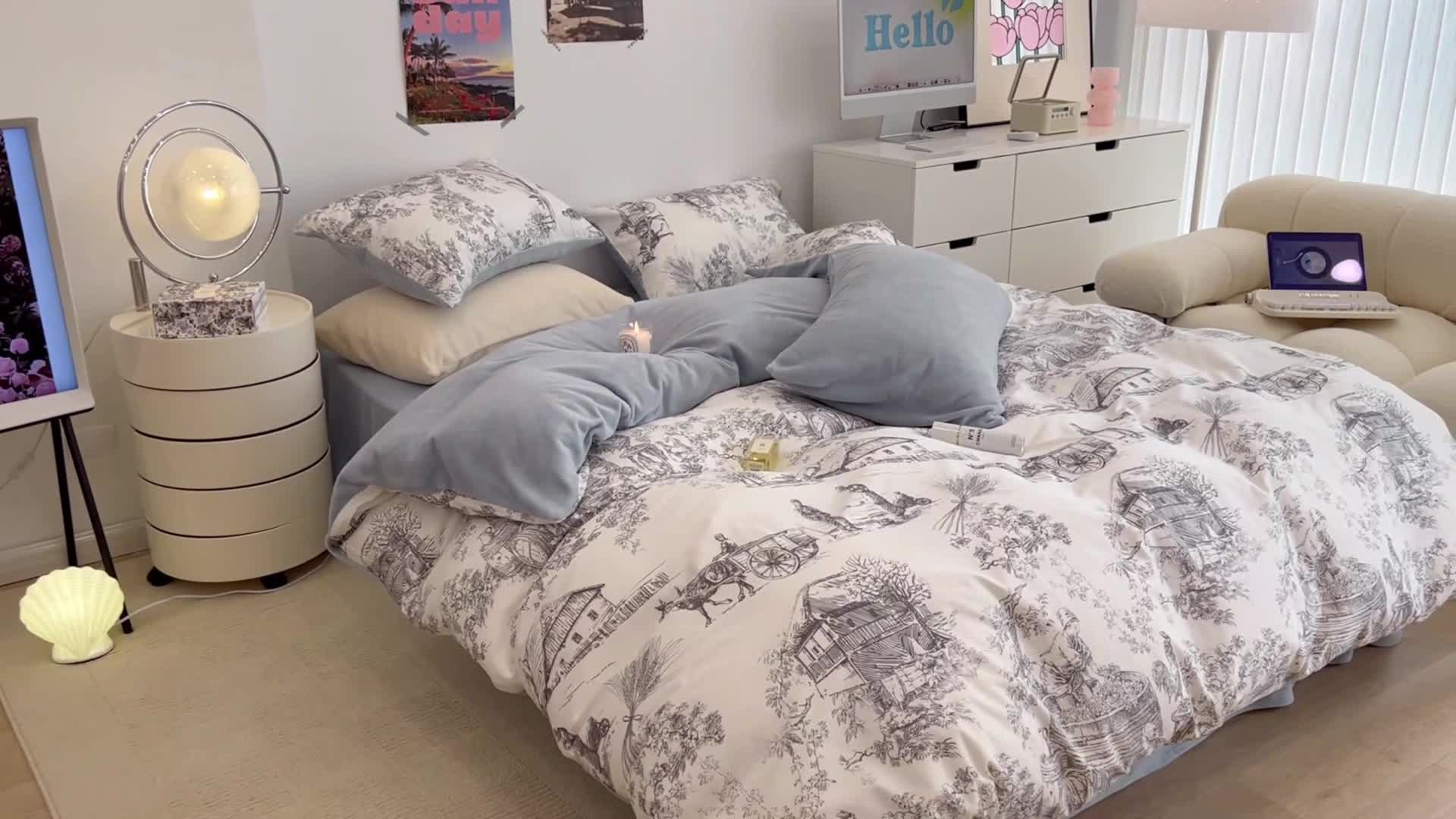 91家纺网 家纺一手货源 找家纺 昔可 2022新款梦幻公主风系列棉加绒印花四件套 水墨画灰