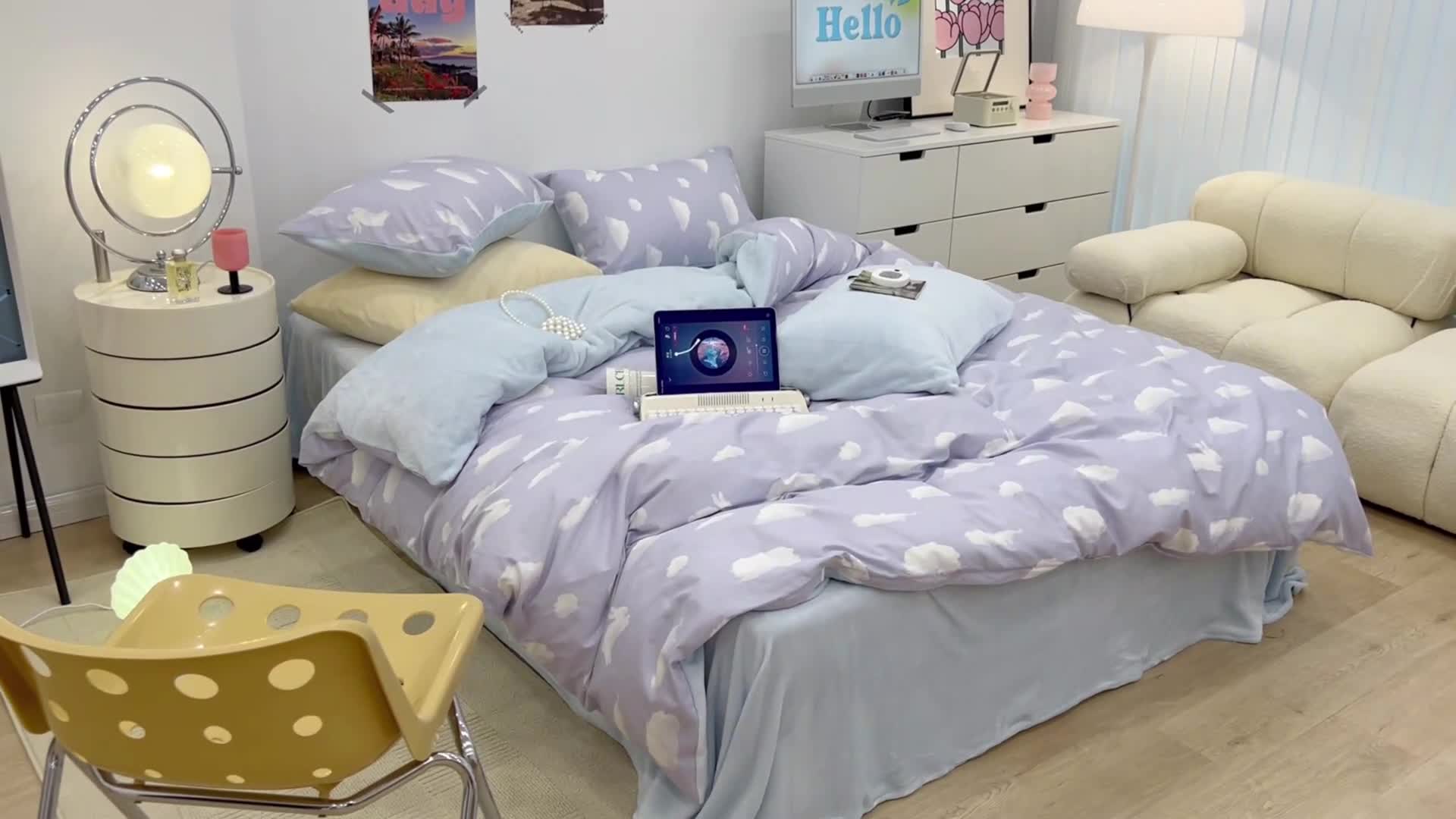 91家纺网 家纺一手货源 找家纺 昔可 2022新款梦幻公主风系列棉加绒印花四件套 蓝云朵