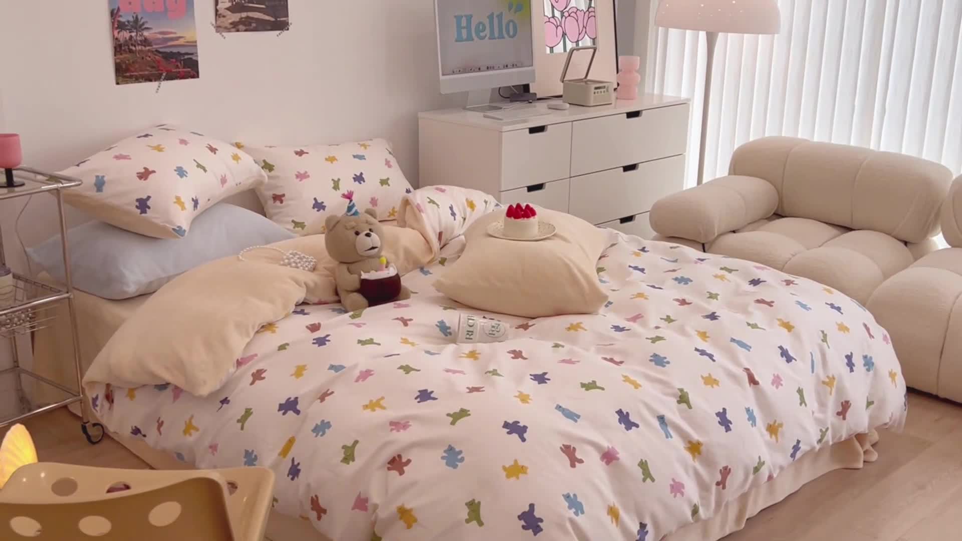 91家纺网 家纺一手货源 找家纺 昔可 2022新款梦幻公主风系列棉加绒印花四件套 迷你小小熊