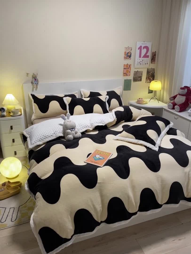 91家纺网 家纺一手货源 找家纺 澳梵 2022新款牛奶绒豆豆绒四件套 维拉-米黄