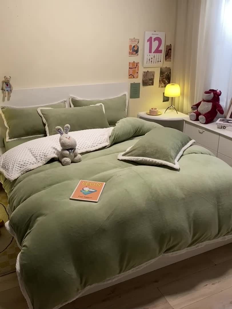 91家纺网 家纺一手货源 找家纺 澳梵 2022新款牛奶绒豆豆绒四件套 氧气-草绿