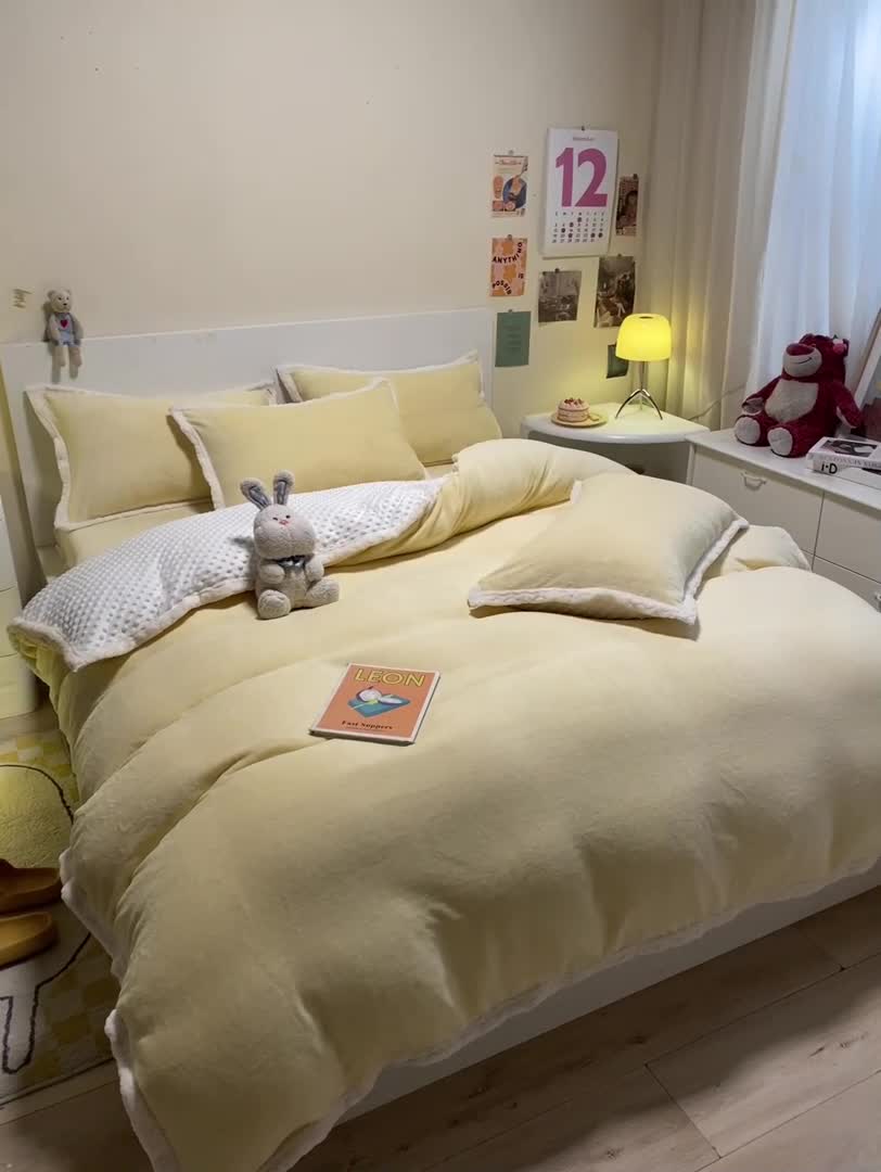 91家纺网 家纺一手货源 找家纺 澳梵 2022新款牛奶绒豆豆绒四件套 氧气-黄色