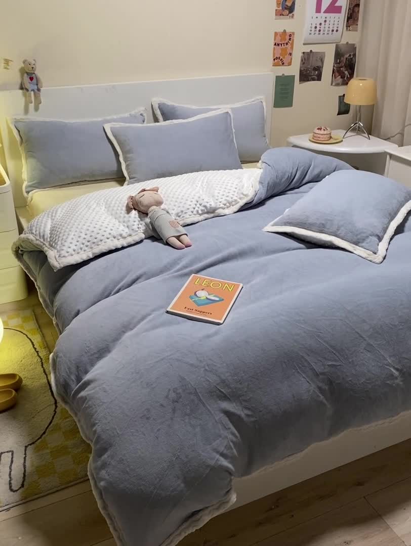 91家纺网 家纺一手货源 找家纺 澳梵 2022新款牛奶绒豆豆绒四件套 氧气-灰色