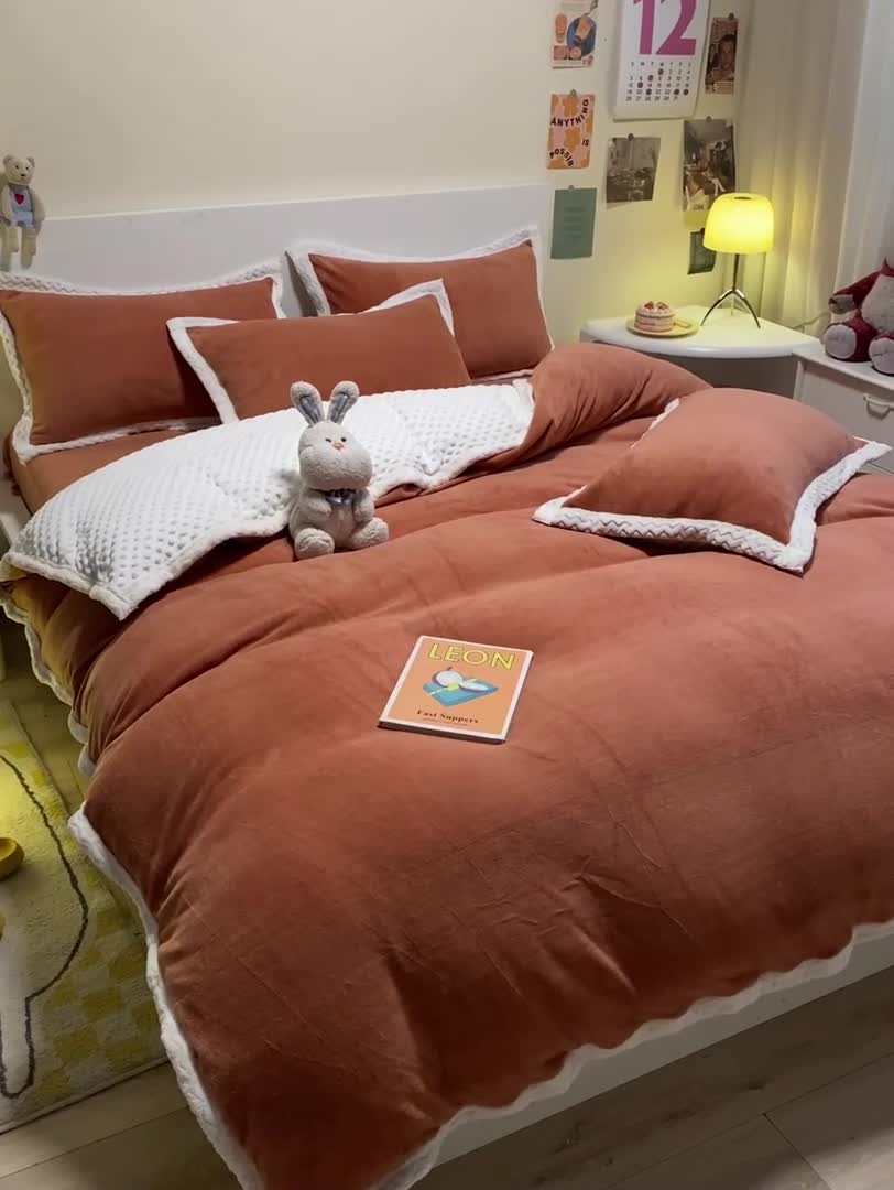 91家纺网 家纺一手货源 找家纺 澳梵 2022新款牛奶绒豆豆绒四件套 氧气-南瓜色