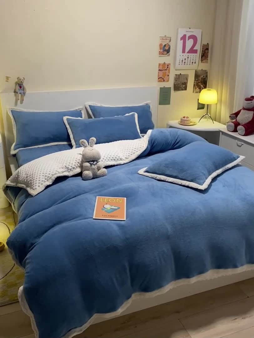 91家纺网 家纺一手货源 找家纺 澳梵 2022新款牛奶绒豆豆绒四件套 氧气-绅士蓝